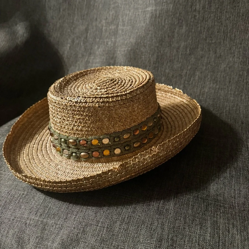 Eric Javits Natural Straw Hat with Olive Beaded Band - Picture 9 of 14